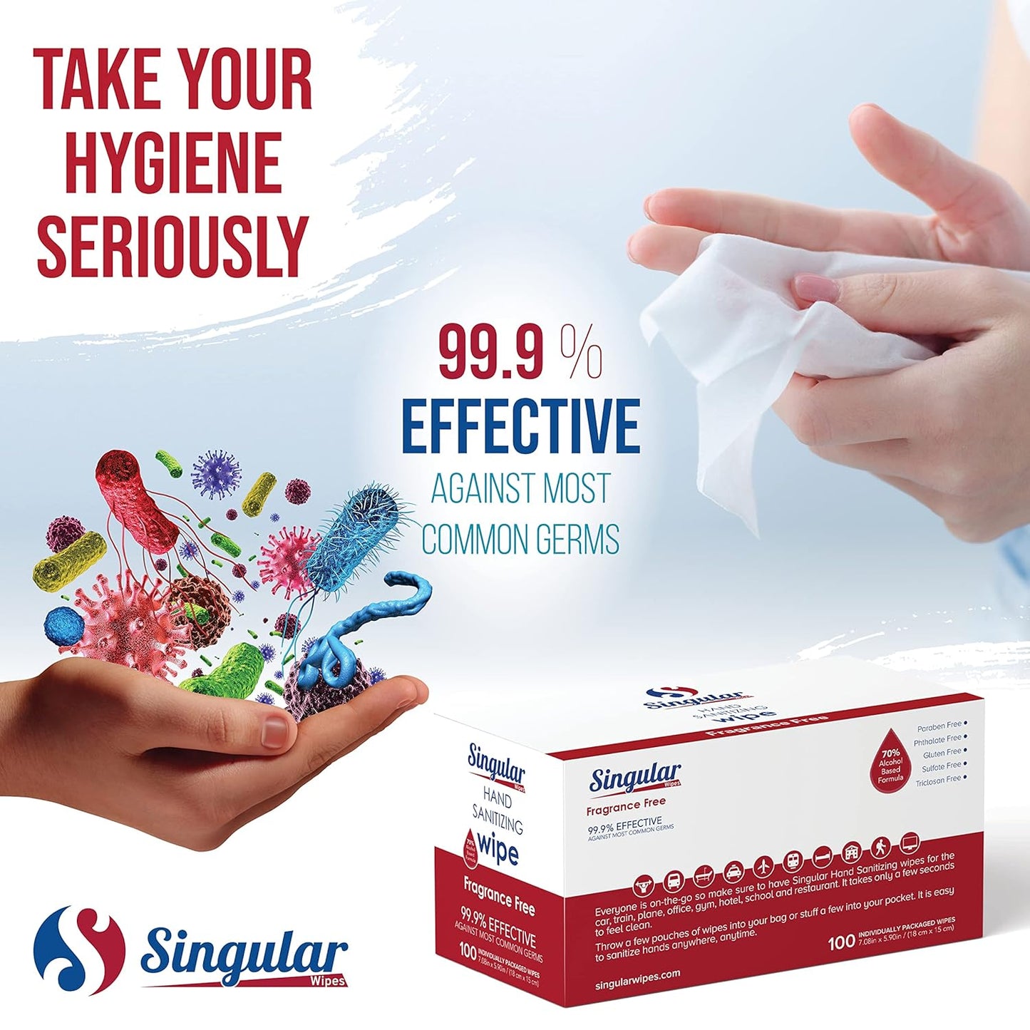 Hand Sanitizing Wipes Travel Size by Singular Wipes –100ct Individually Wrapped | Fragrance-Free, Moisturizing, 70% Isopropyl Alcohol Wipes | Travel, Home, Office, Daily Use | Made in USA