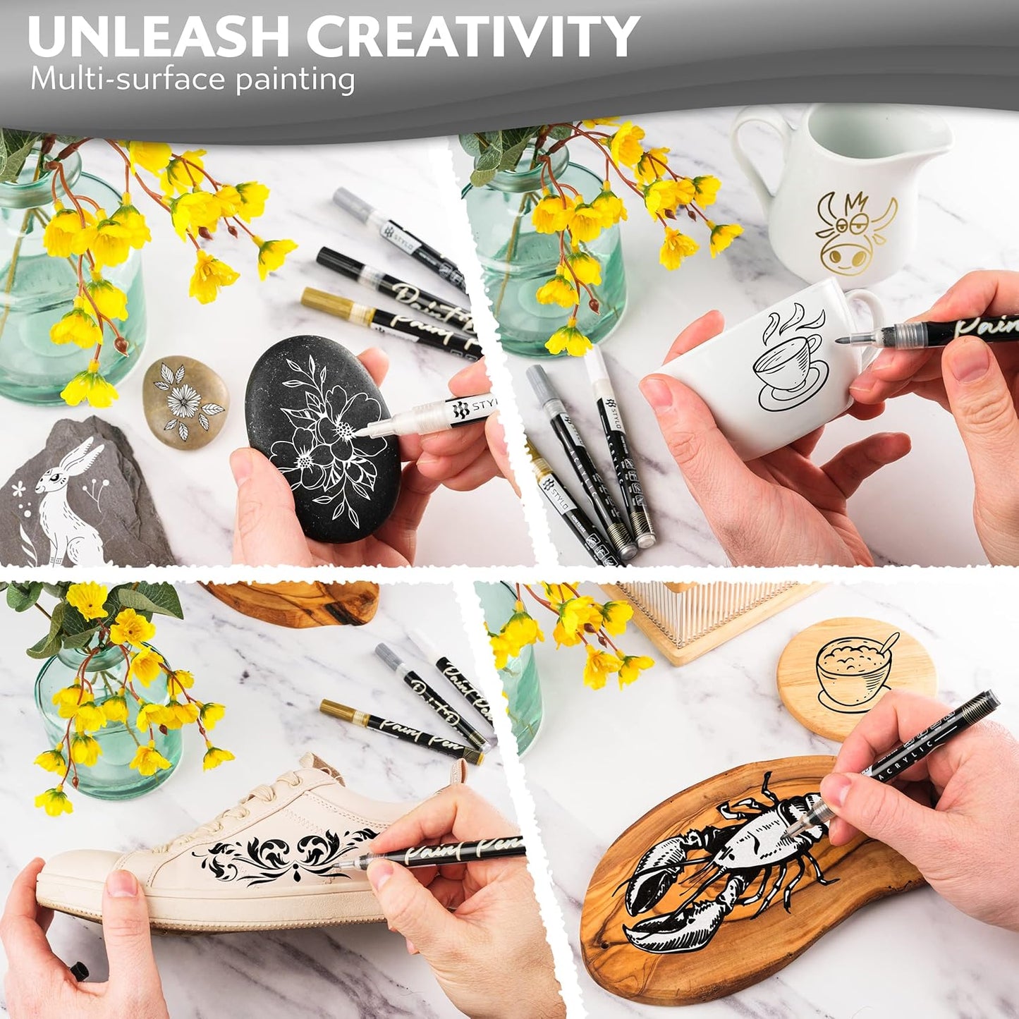 Stylo 4 Count Acrylic Metallic Pens - Gold Paint Pens - Fine Tip Permanent Acrylic Metallic Paint Markers for Rock Painting, Glass, Wood, Ideal for Arts and Crafts (Pack of 4, Gold)