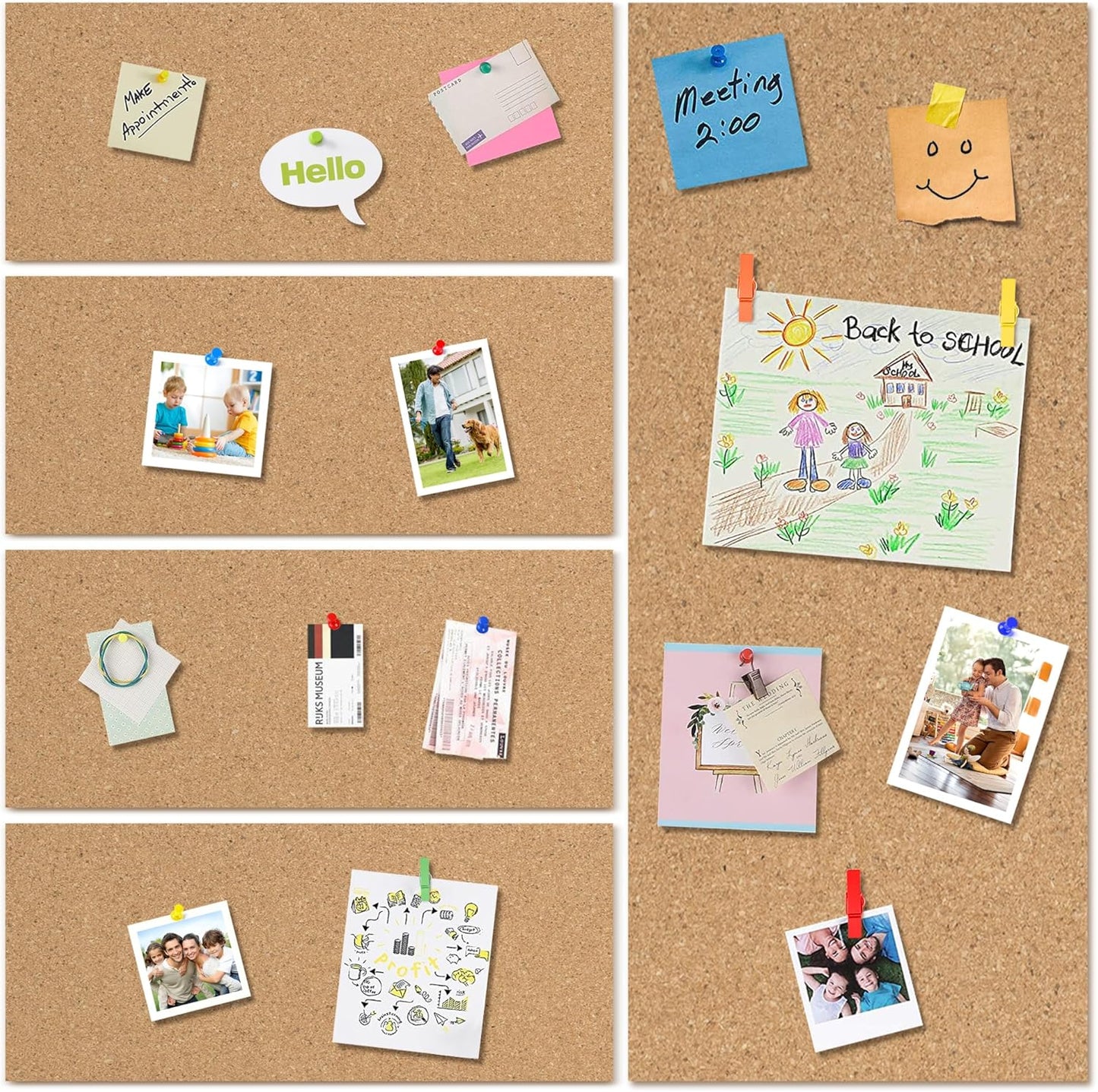 AKTOP Cork Board Bulletin Board 17"x8", 1/2" Thick Cork Board Tiles 10 Pack, Small Pin Board for Wall Decor, Self Adhesive Corkboards with 120 Push Pin Wood Clips for School, Home & Office