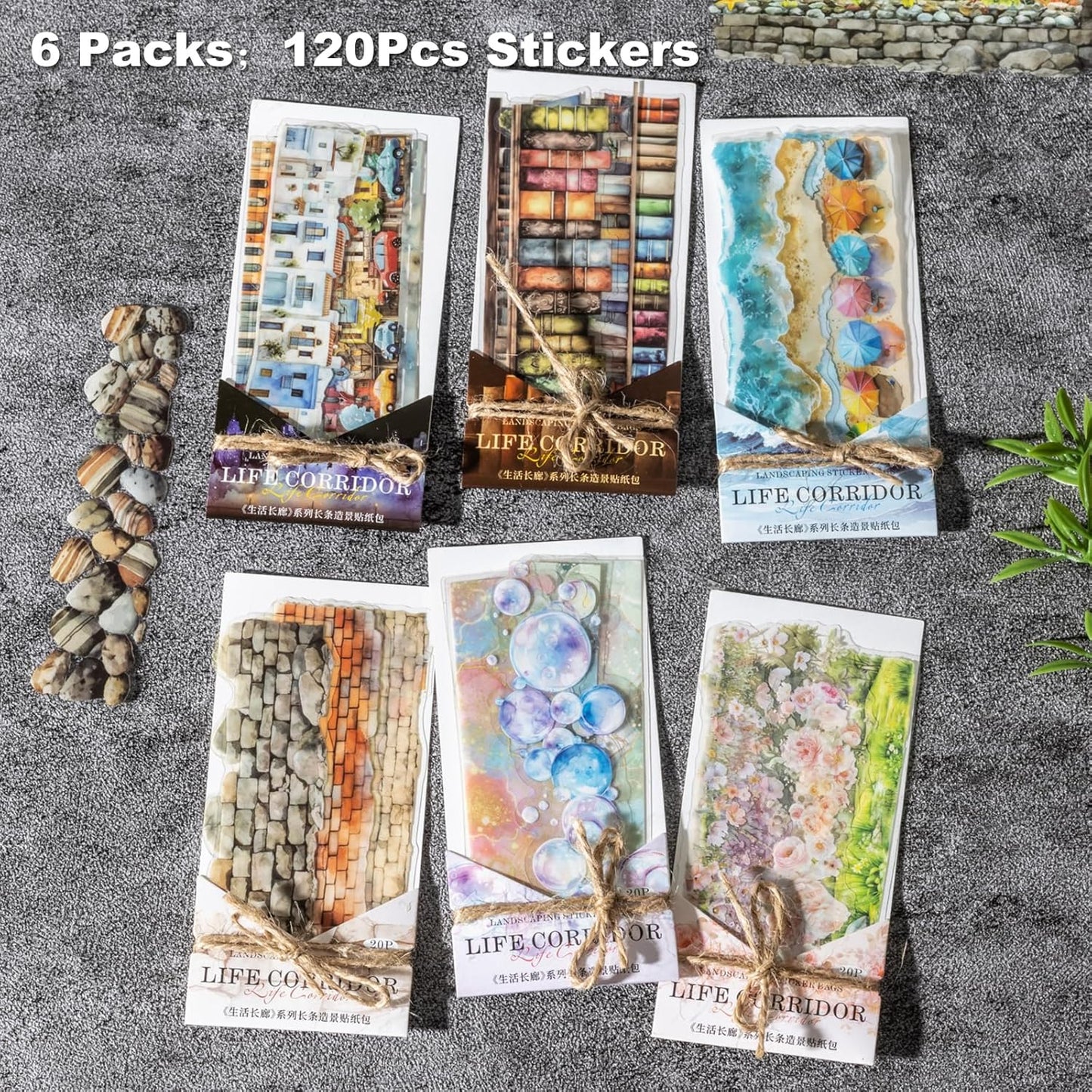 PET Scrapbook Stickers Set, 120PCS Journaling Supplies with 6 Themes Book Wall Ocean City Tree Bubble Decorative Stickers for DIY Crafts and Planners