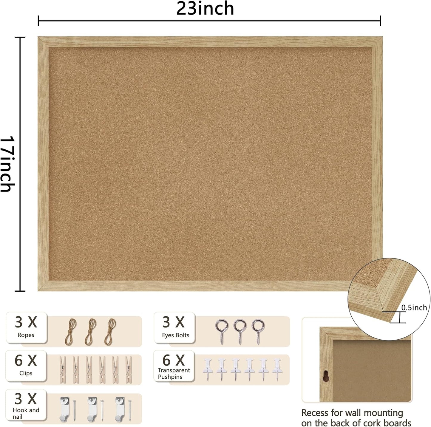 Cork Board Bulletin Board,23x17 Cork Board for Office with Pin Oak Wood Boards,Message Board or Vision Board Decoration.Board Wood 1Pack