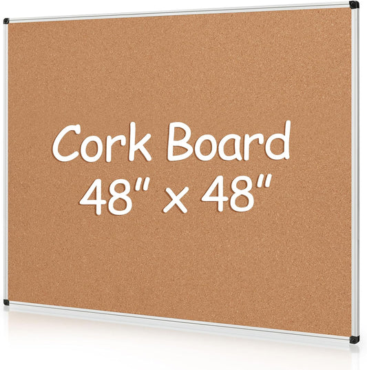 Board2by Extra Large Cork Bulletin Board 48" X 48", Silver Aluminum Framed 4'x4' Corkboard for Wall, Wall Mounted Notice Pin Board with 18 Push Pins for School, Home & Office