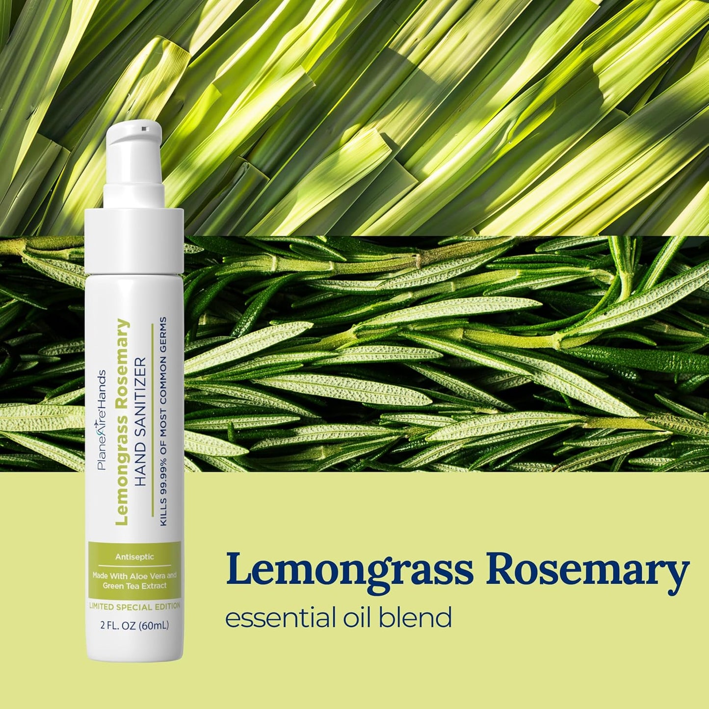 Lemongrass Rosemary Lotion Hand Sanitizer | Travel Size | Cleanse & Moisturize | Made with Aloe Vera & Essential Oils | Rich in Vitamin E | Lemongrass Essential Oil | Green Tea Extract | 6-Pack