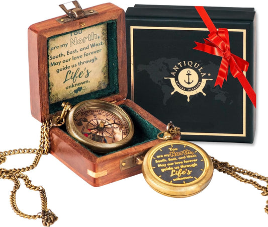 Brass Compass with Wooden Box - Graduation Gifts, Pirate Accessories & Baptism Gift For Boys, Steampunk Travel Decor Compasses For Missionary, Inspirational and Sentimental Compass