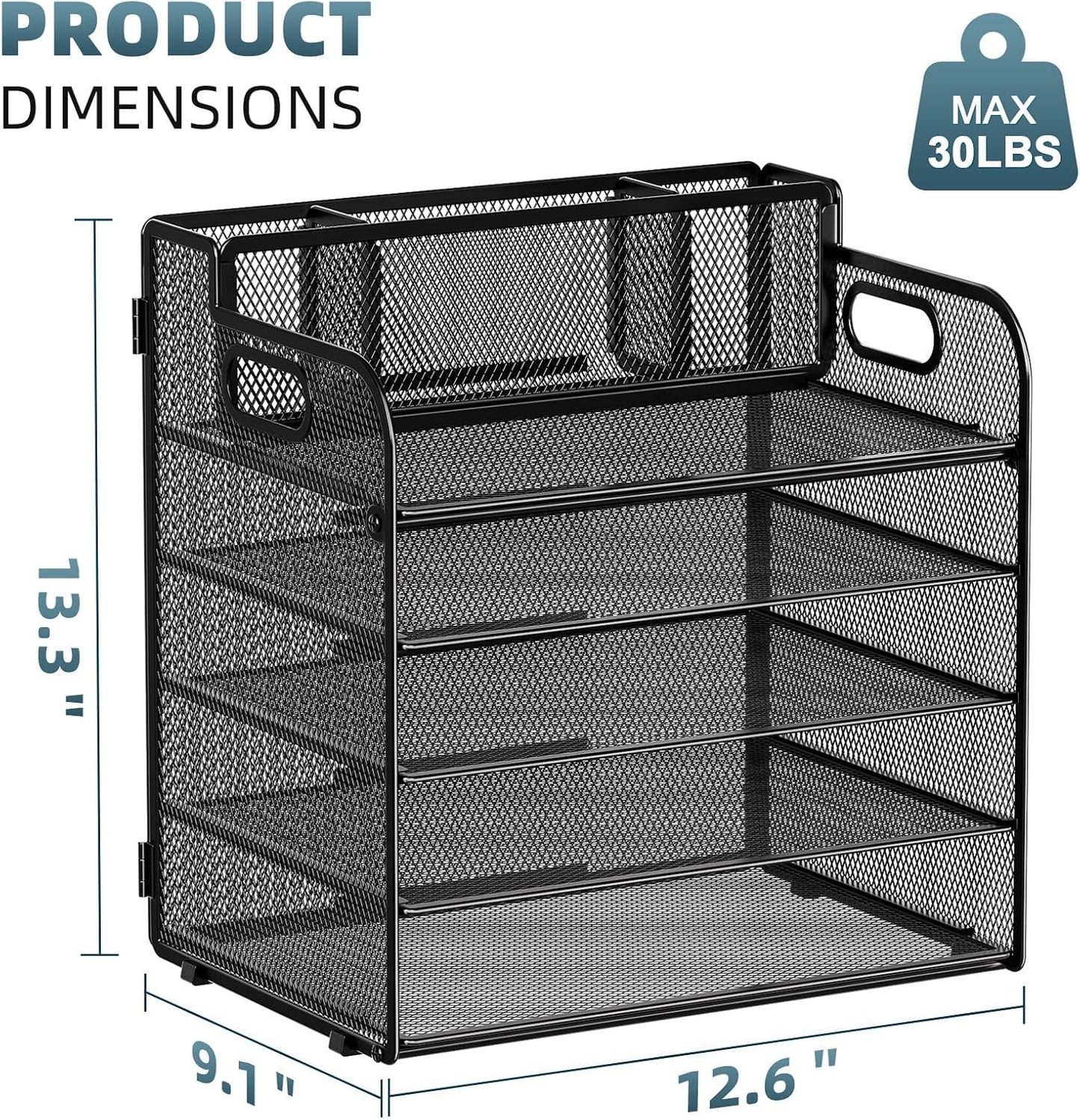 Marbrasse 5 Tier Paper Organizer with 3 Pen Holders, Mesh Desk File Organizer with Handle, Paper Sorter Desk Organizer for Home Office Supplies(Black)