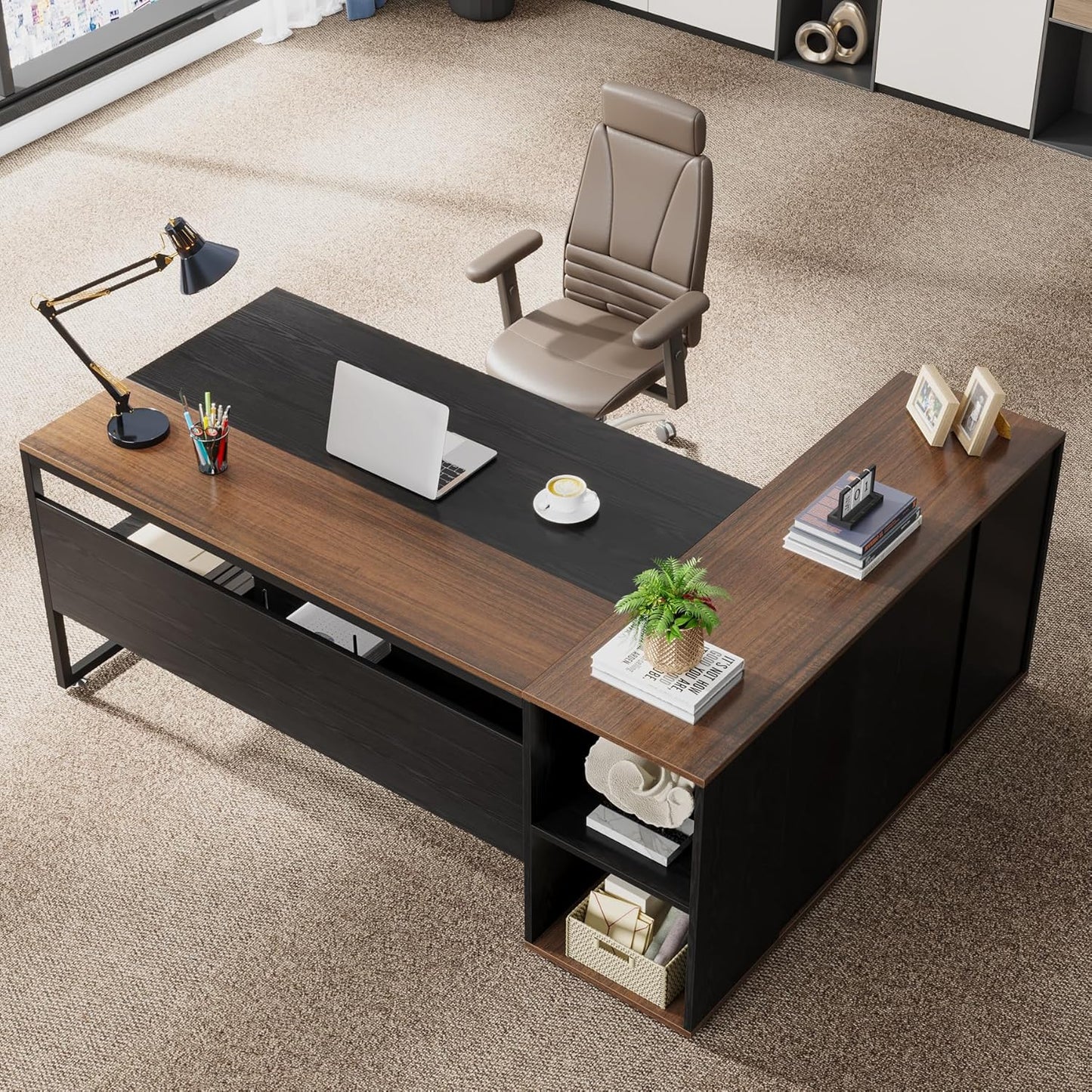 Tribesigns 71 inch Executive Desk, L Shaped Desk with Cabinet Storage, Executive Office Desk with Shelves, Business Furniture Workstation for Home Office, Black and Brown