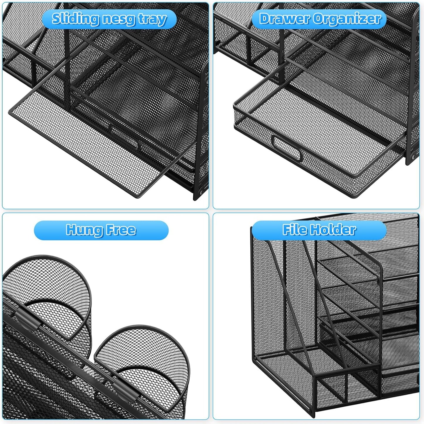 Lavatino Desk Organizer with File Holder, 5-Tier Paper Letter Tray Organizer with Sliding Drawer and 2 Pen Holder, Mesh Desktop File Organizer for Office Supplies (Black)