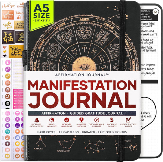Manifestation Journal - 5 Minute Manifesting & Self Care Journal | 90-Day Undated Daily Planner for Positivity, Affirmations & Gratitude | Guided Mindfulness, Reflection | Vision Board + Stickers