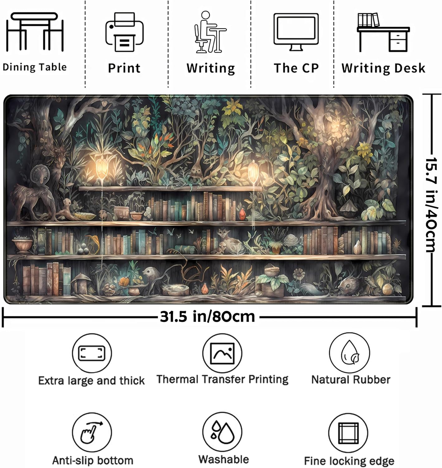 Forest Library Book Mouse Pad Desk Mat, Mystical Green Tree House XXL Extended Large Gaming Desk Pad Mousepad Computer Laptop Keyboard and Mouse Mat, Office Desk Decor Pad for Women 31.5x15.7 in