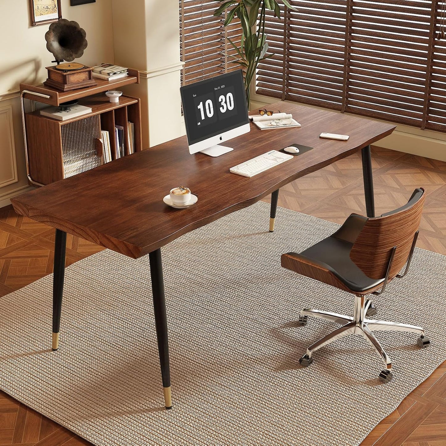 Solid Wood Desk 55 inches, Home Office Computer Desk Wooden Rustic Writing Desk Metal Modern Simple Design Executive Real Wood Desk(Walnut)