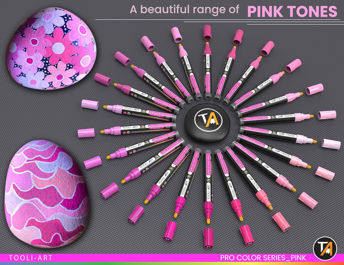 TOOLI-ART 22 Acrylic Paint Markers Paint Pens Pro Color Series Set 3mm Medium Tip for Rock Painting, Glass, Mugs, Wood, Metal, Glass Paint, Canvas, DIY. Non Toxic, Waterbased, Quick Drying (PINK)