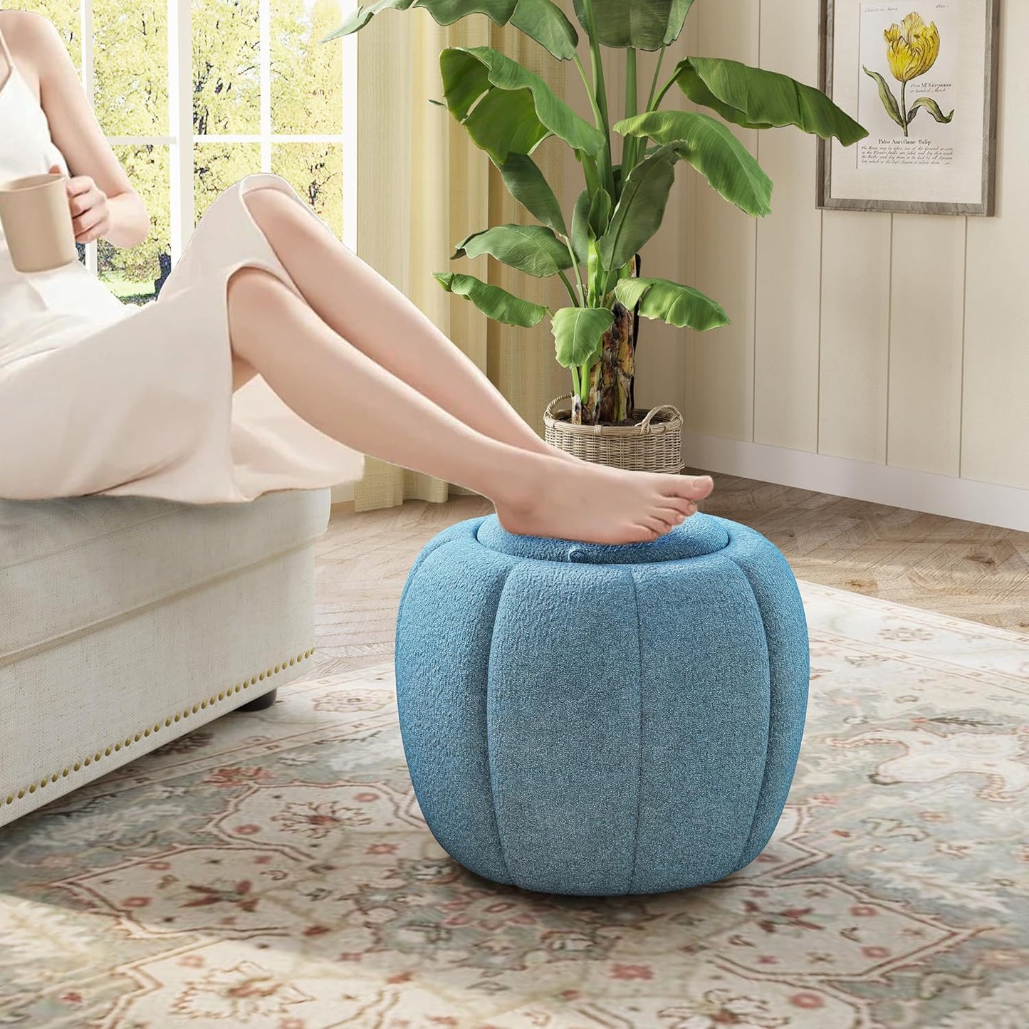 Storage Ottoman, Round Ottoman with Storage, Upholstered Soft Vanity Stool for Living Room, Foot Stool Ottoman for Bedroom, Entryway (Navy Blue)