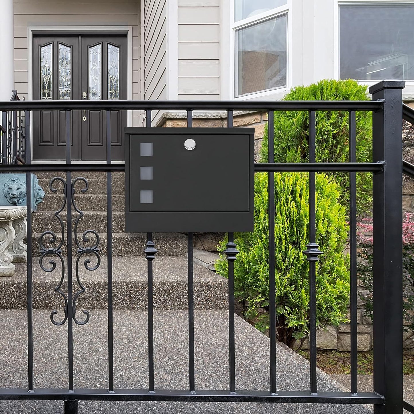 LAND·VOI Locking Mailbox Wall Mounted, Metal Postbox with Three Sets of Mail Box Number Stickers, 4 Keys, 14.4" x 4.5" x 11.2", Large Capacity, Black, AMB11B