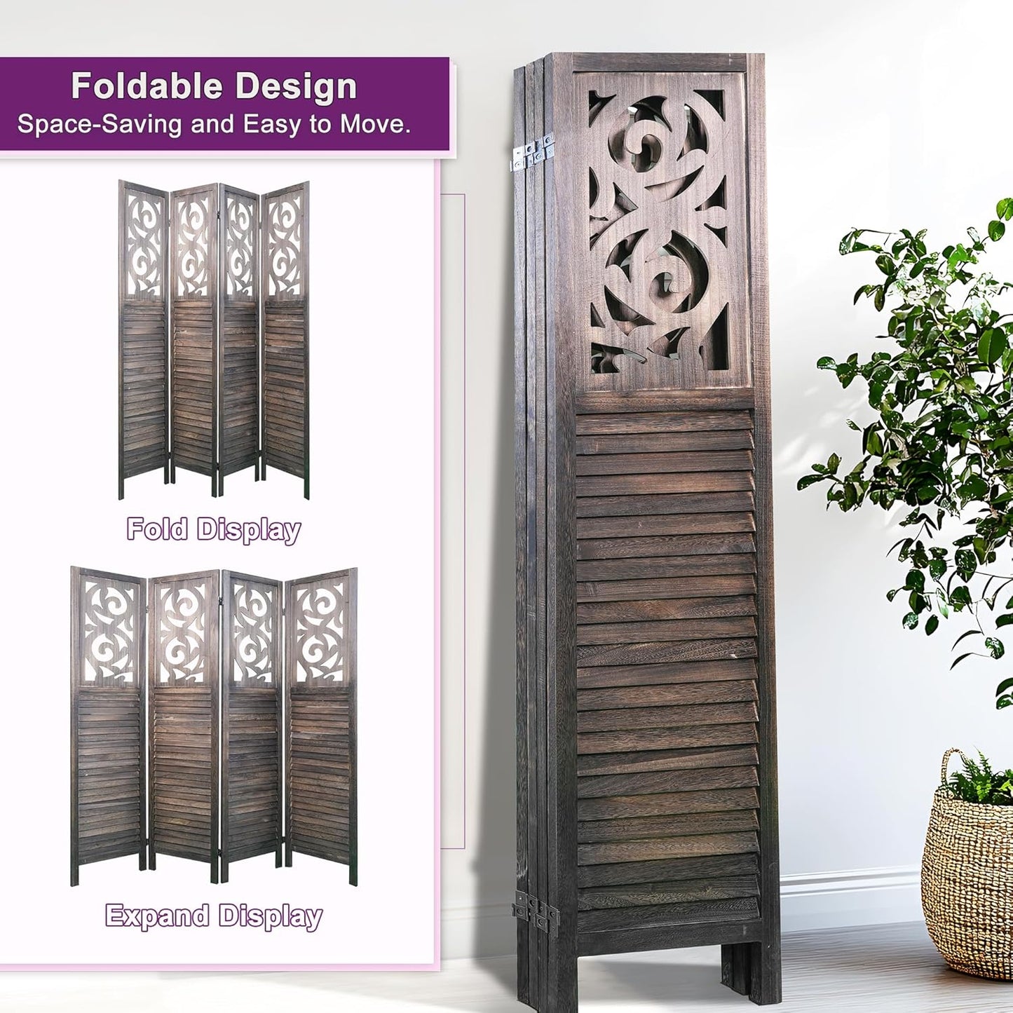 Room Divider, 5.6FT Folding Room Divider Panel, 4 Panel Craved Wood Partition Wall Divider for Room Separation, Rustic Brown