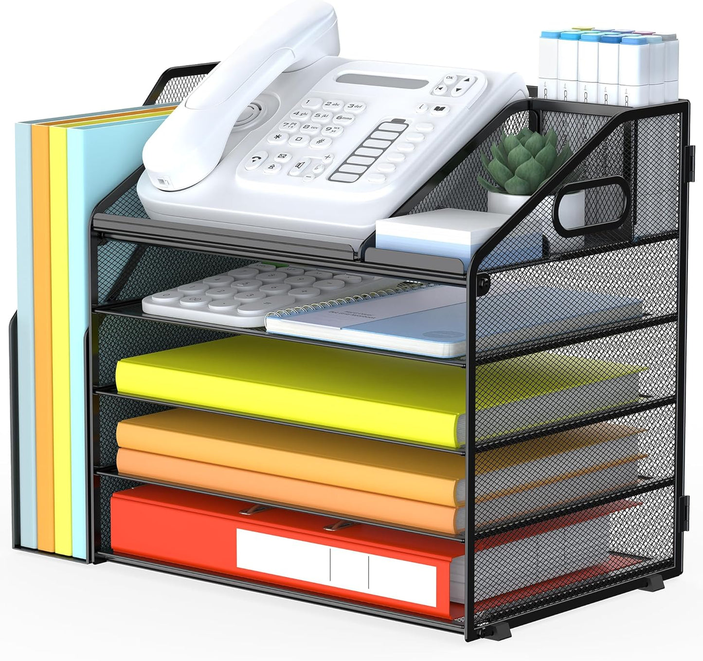 DocNest 5 Tier Paper Letter Tray File Organizer, Mesh Desk File with Handle, Workspace Desk Organizers with Pen Holder, Office Organization Storage Accessories - Black