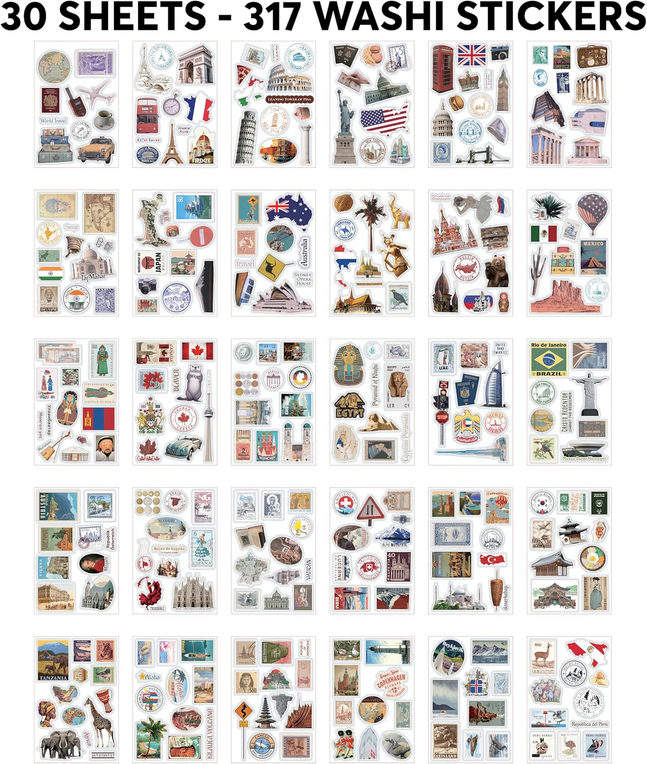 300+ Travel Stickers & 20 A5 Papers - Pre-Cut Washi Stickers for Journaling & Vintage Travel Scrapbooking