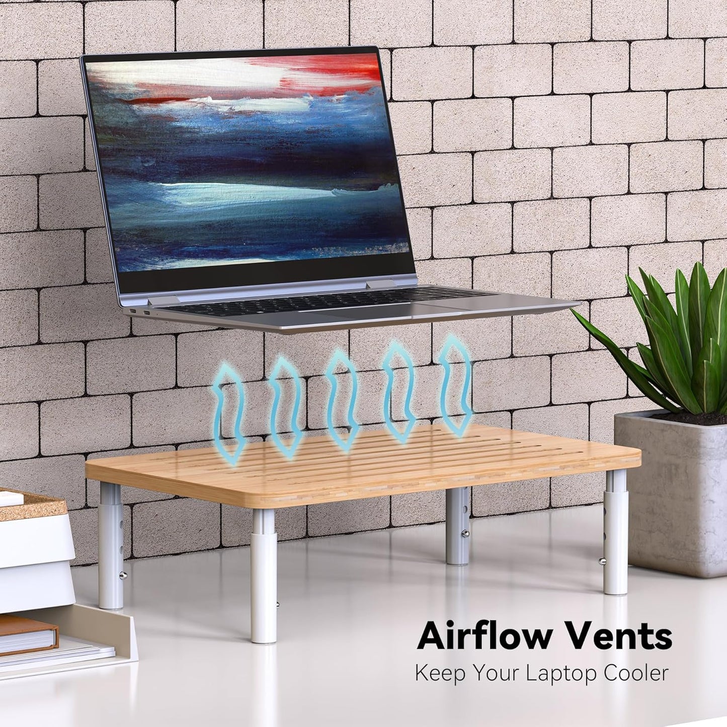 Bamboo Monitor Stand Riser, 4 Adjustable Height, Laptop Stand with Airflow Vents, Desk Organizer for Computer, PC, Printer (Natural)