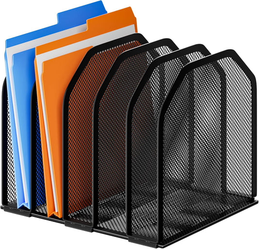 Desk File Organizer, Adjustable 5 Sections Upright Desktop Organizer File Sorter, Sturdy Metal Mesh Vertical Bookshelf File Holder Workspace Accessories for Home,School,Office Classroom,Black