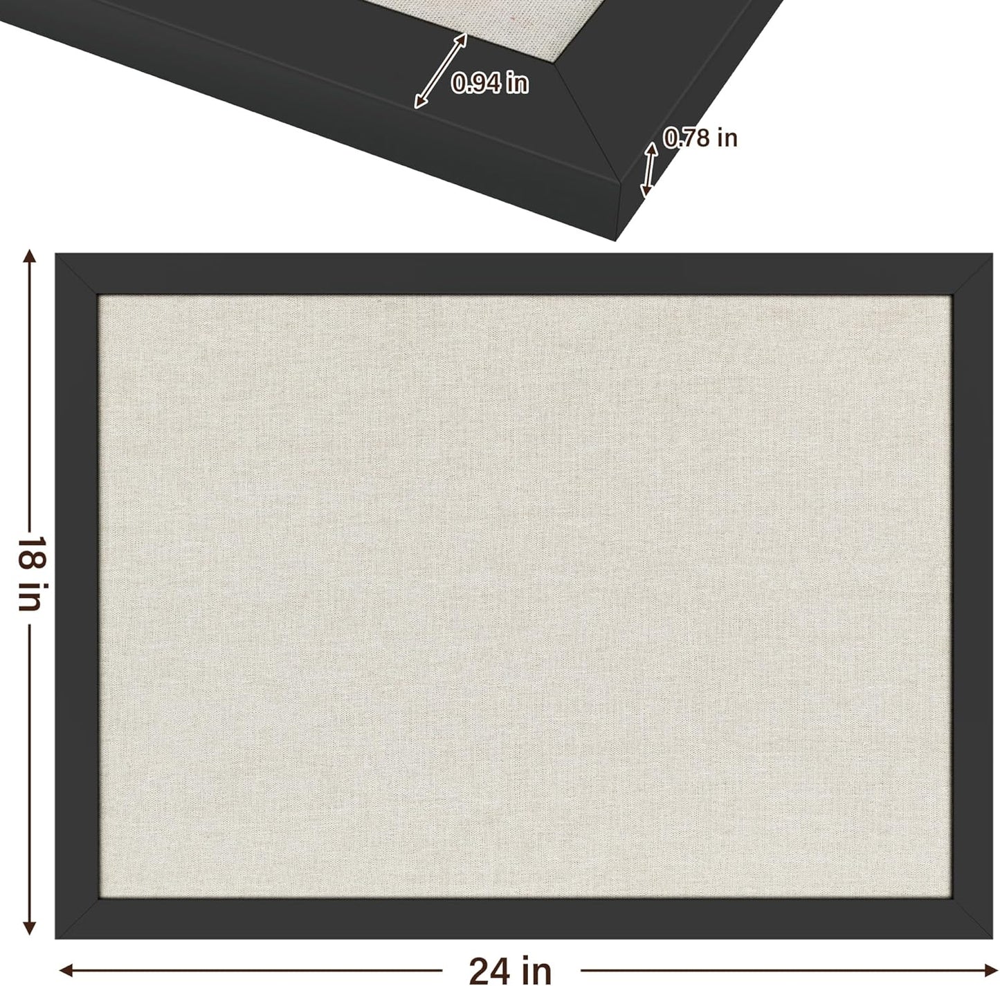 Cork Board Bulletin Board 18" x 24", Large Linen Corkboards with Frame for Walls, Cute Picture Display Pin Board Vision Board for Room School Office Bedroom 20 Pushpins Vintage Black