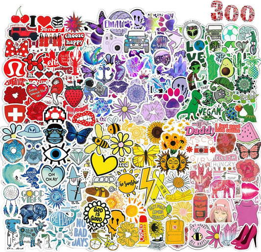 Water Bottle Stickers 300 Pcs Color Cute Sticker Pack, Waterproof Vinyl Stickers for Water Bottles Laptop Tablet Scrapbook Journal Skateboard Scooters Notebook Diary Lunch Box Suitcase Kindle etc