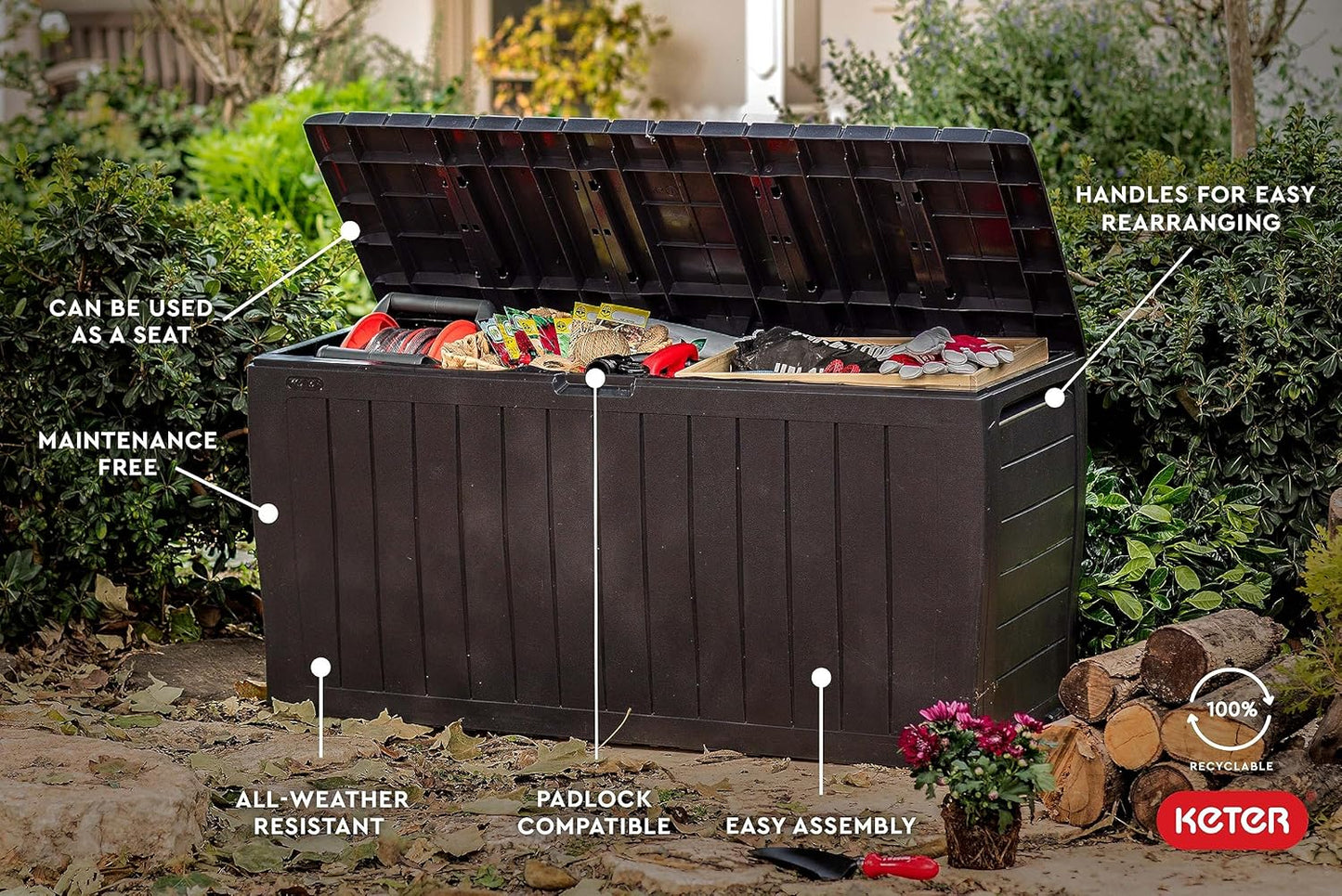 Keter Marvel Plus 71 Gallon Resin Outdoor Storage Box for Patio Furniture Cushions, Throw Pillows, Garden Tools and Pool Floats, Brown