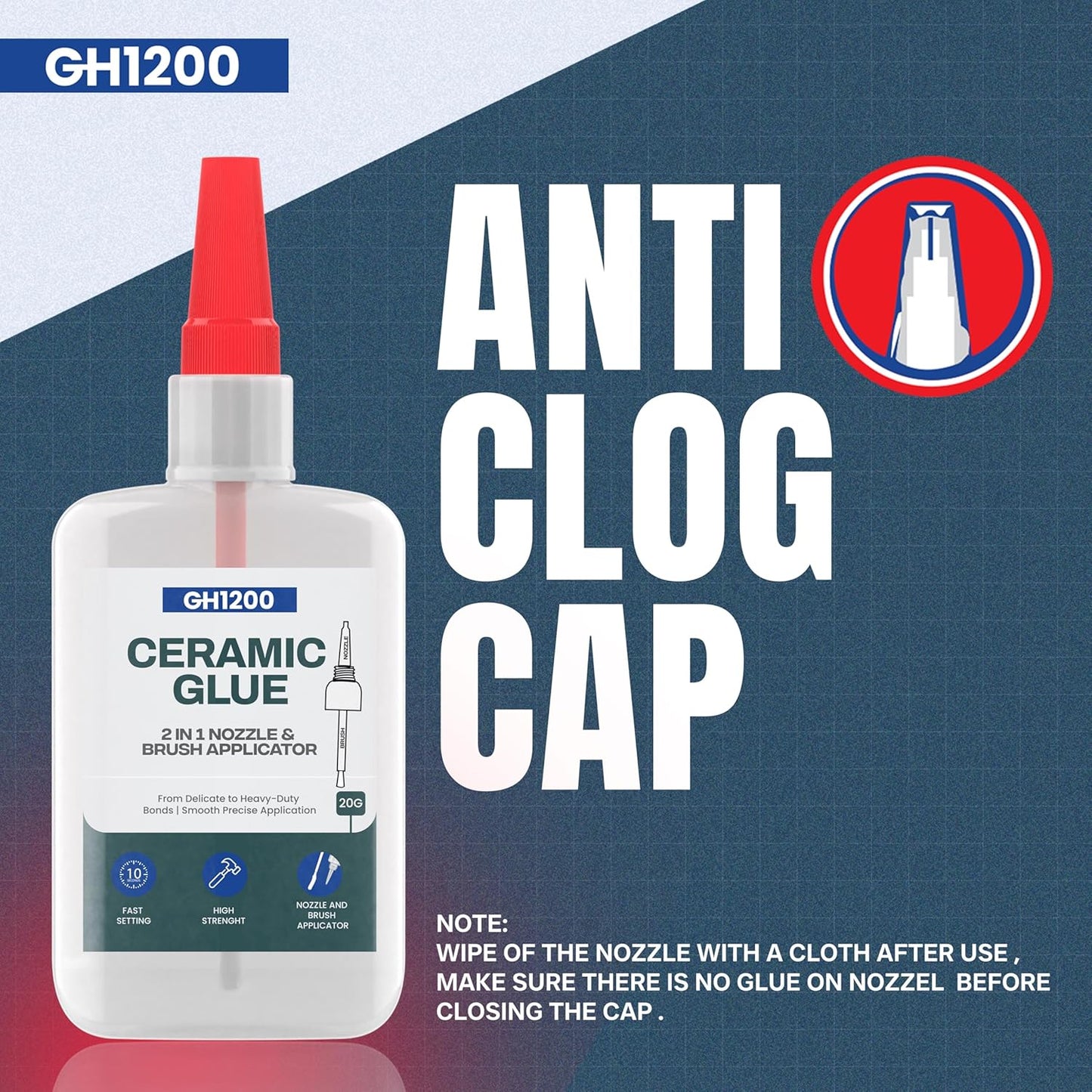 GH1200 Ceramic Glue Repair with Brush Applicator & Nozzle (20 g), Waterproof, Clear, Smooth. Fast Drying, Ceramic Glue for Pottery, Dishes, Mugs & More