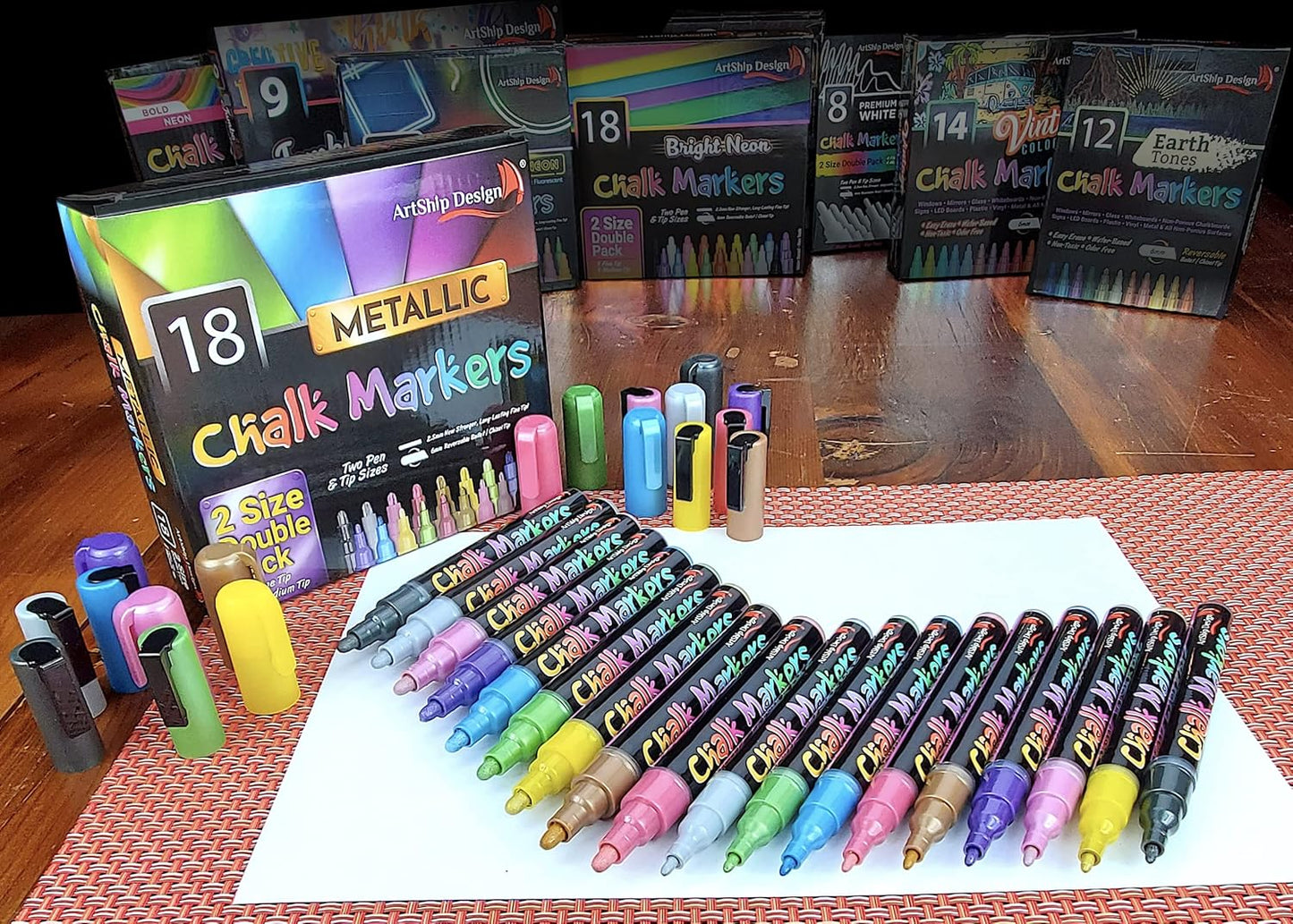 18 Metallic Chalk Markers - Double Pack of Both Fine and Reversible Medium Tip Liquid Chalk Pens - Wet Erasable - Menu Boards, Glass, Windows, White Boards, Classrooms, Mirrors, Plastic