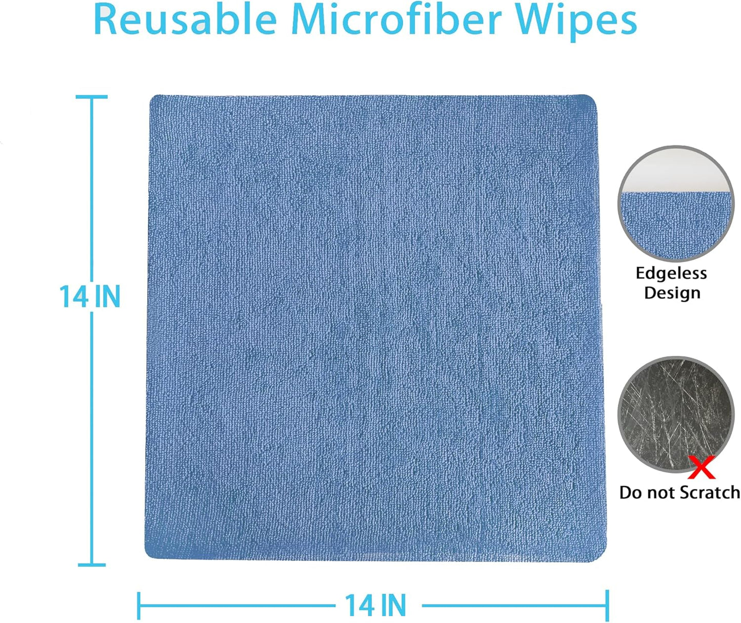 Reusable Microfiber Wipes, 50 Packs, Size 14 inches x 14 inches (Sky Blue)
