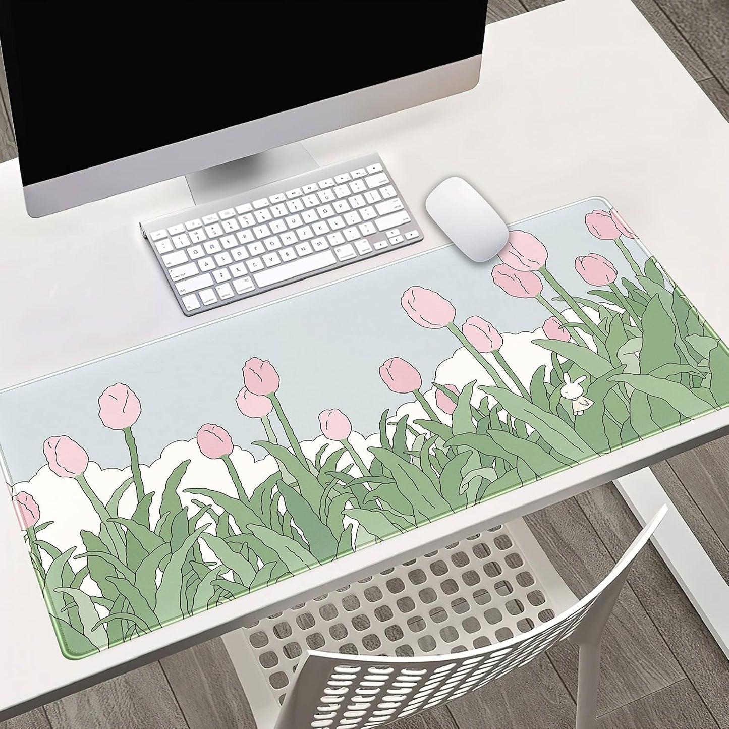 WatercolorTulip Flower Mouse Pads,Extended Gaming Mousepad XXL Kawaii Anime Desk Mat Pink Green Large Full Desk Mouse Pad for Wireless Mouse Keyboard Mat with Stitched Edges 31.5" x15.75