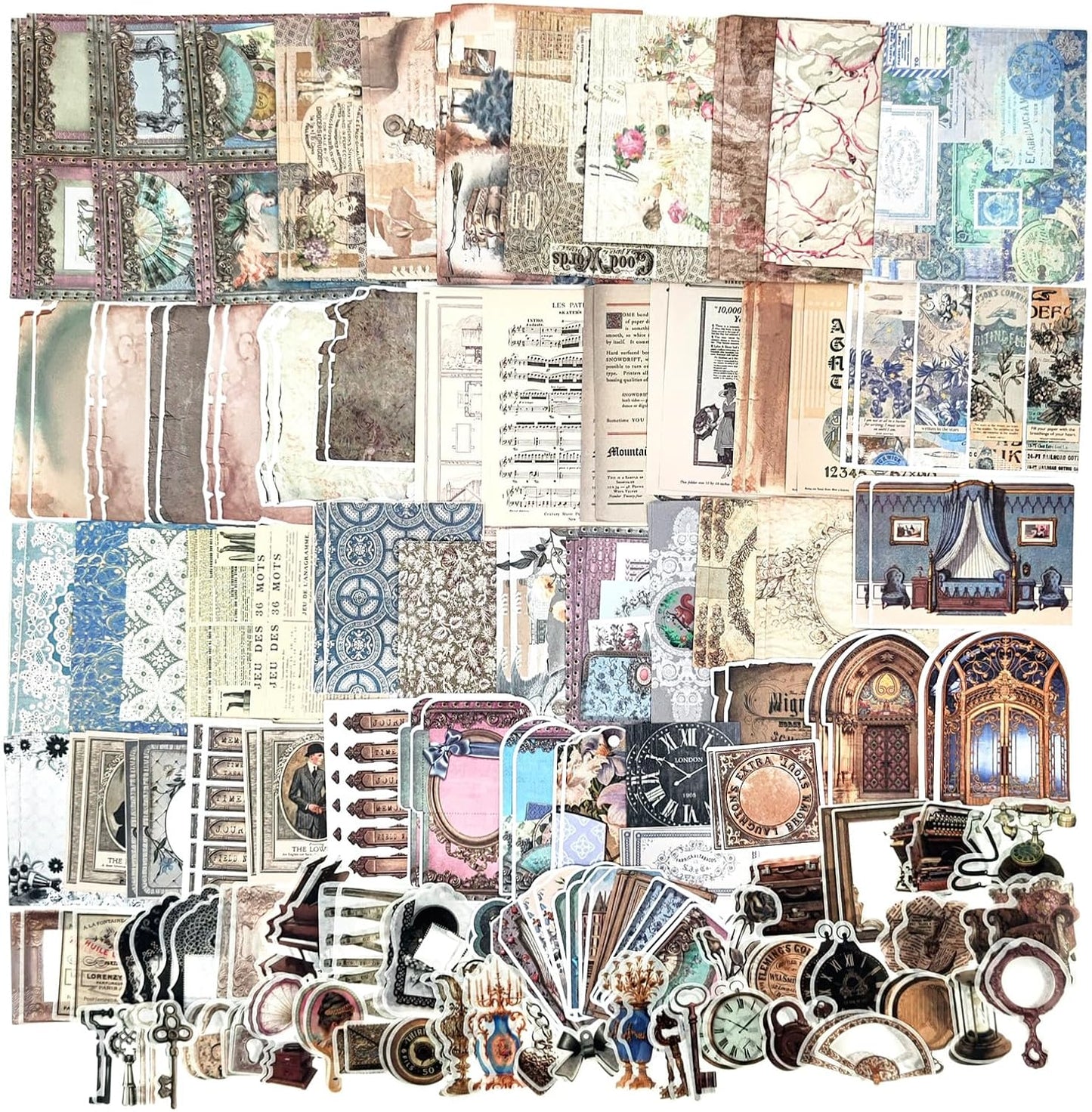 200PCS Vintage Scrapbooking Supplies Pack, Aesthetic Scrapbook Sticker Paper Art Journaling Kit for Bullet Junk Journals,Planner,Cottagecore Decor Gifts (Blue Vintage Collection)