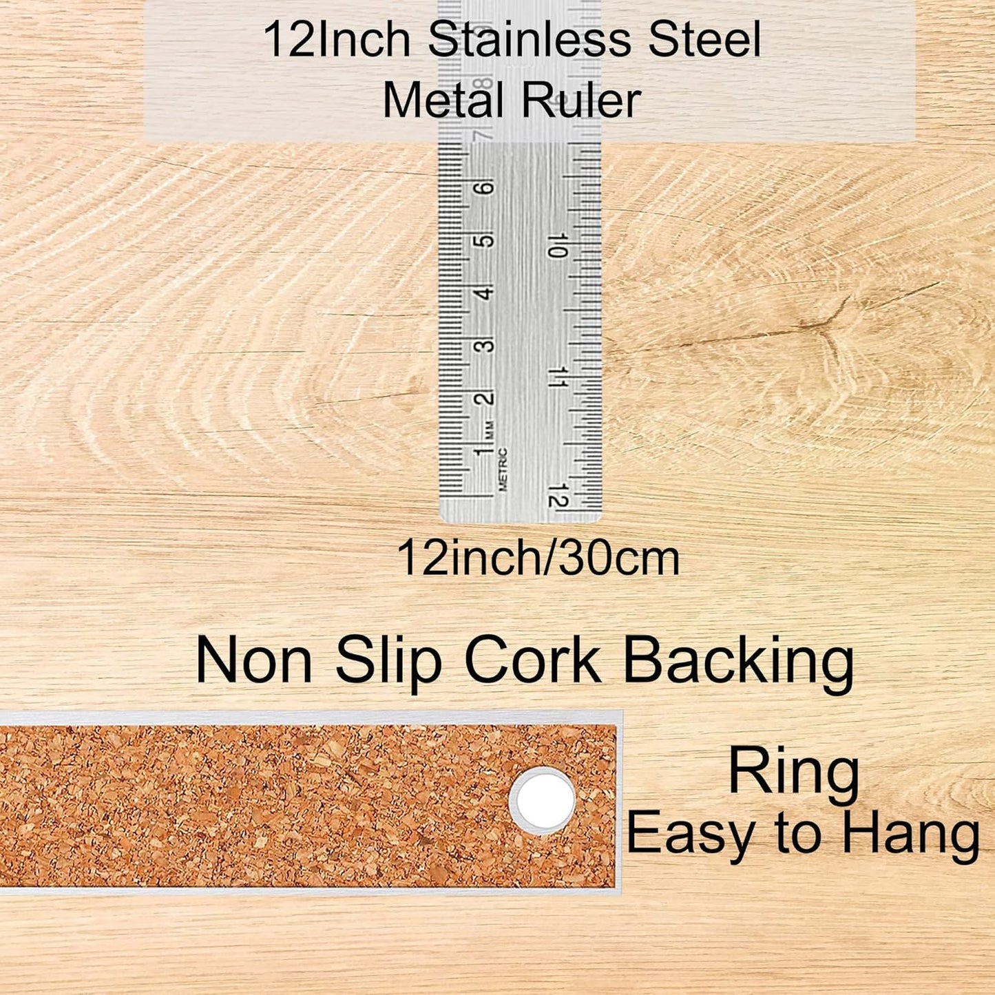 Metal Ruler 12 Inch:[2 Pieces 12 Inch] Non-Slip Cork Backing Rulers with Inch and Centimeters Prevent Ink Leakage:for School Office Drawing Engineering
