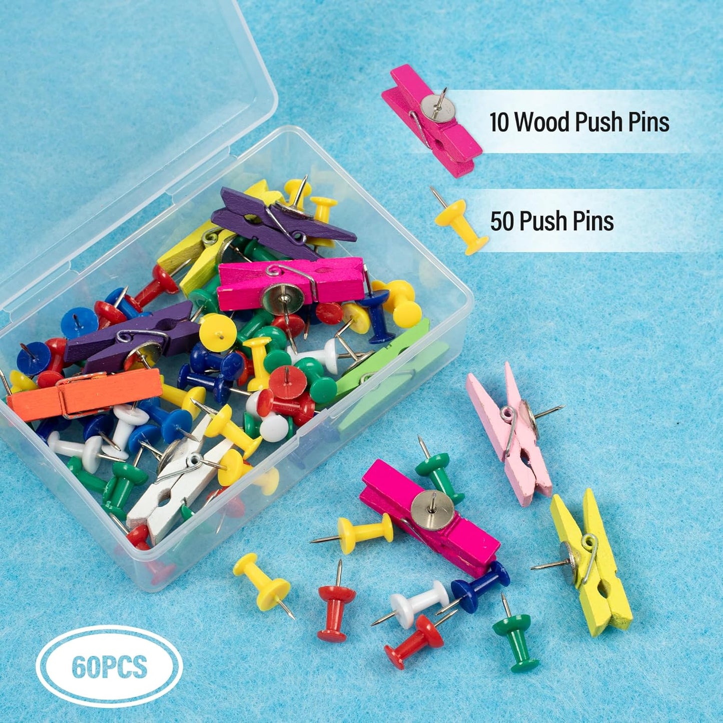 AKTOP Cork Bulletin Board 12x12, 1/2" Thick Felt Cork Board Tiles 6 Pack, Small Square Pin Board for Wall, Self Adhesive Corkboards with 60 Push Pin Wood Clips for School, Home & Office, Baby Blue