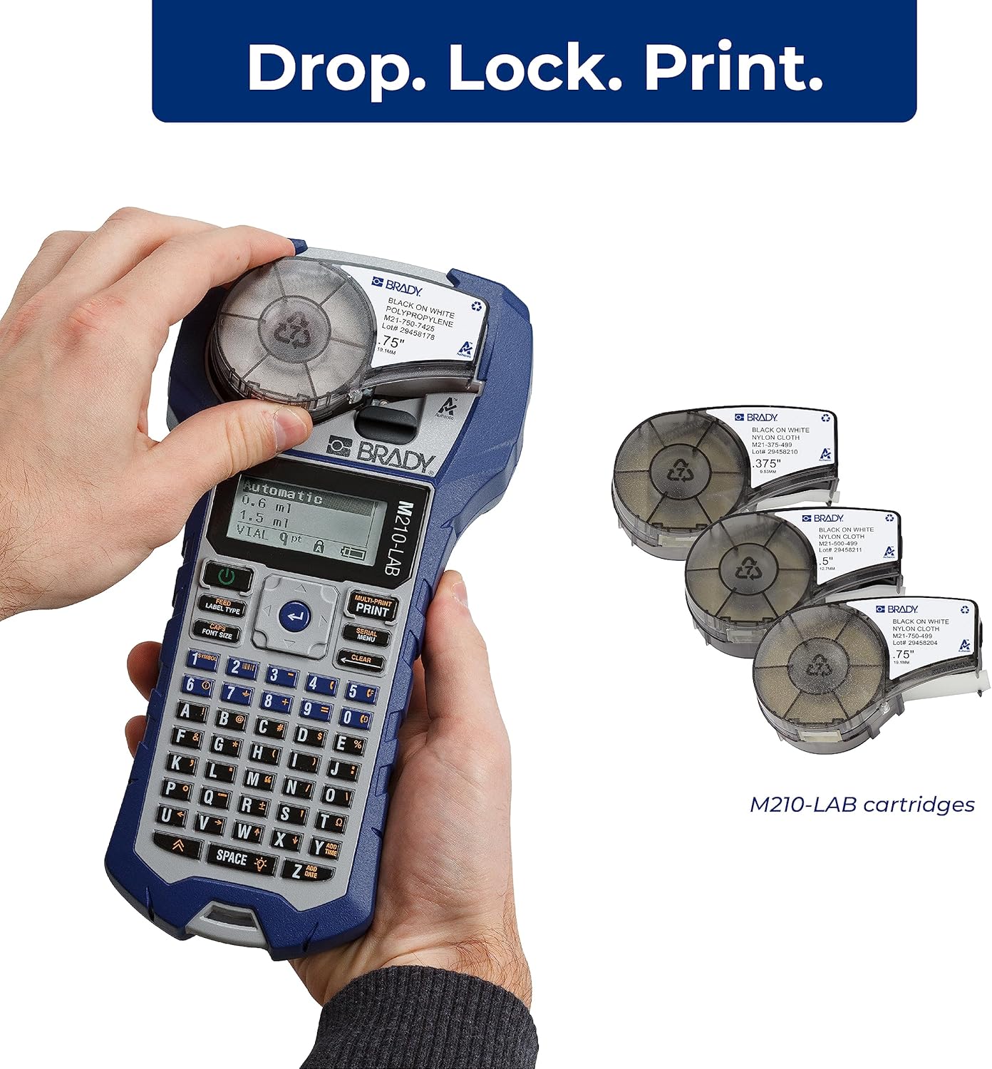 Brady M210-LAB Portable Label Printer, Blue/Gray, 9.5 in H x 4.5 in W x 2.5 in D