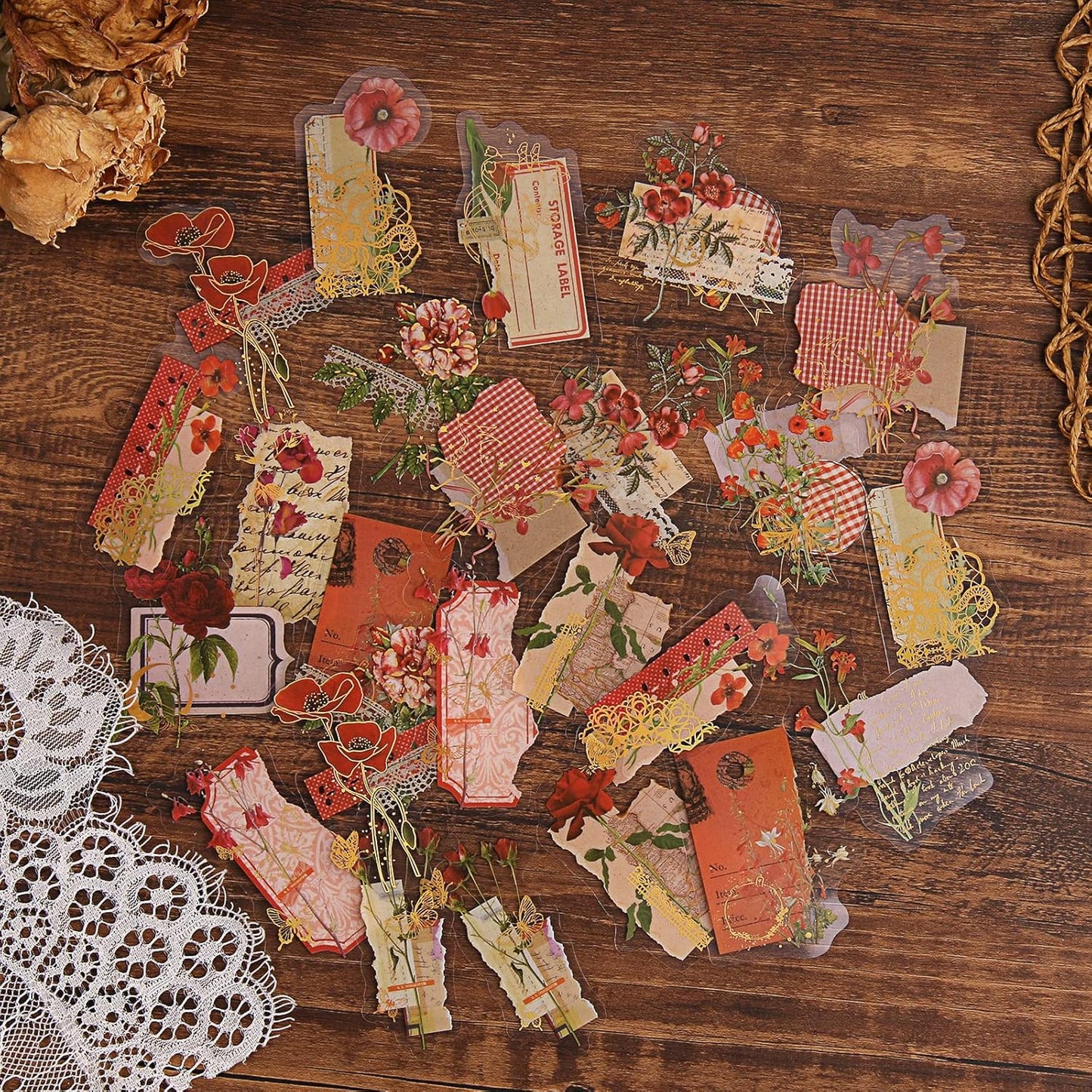 Dizdkizd Die Cut Gold Foil Floral Stickers (180 Pieces), Transparent Aesthetics Sticker Set Vintage Flower Decals for Scrapbooking Card Making Journaling Paper Crafting