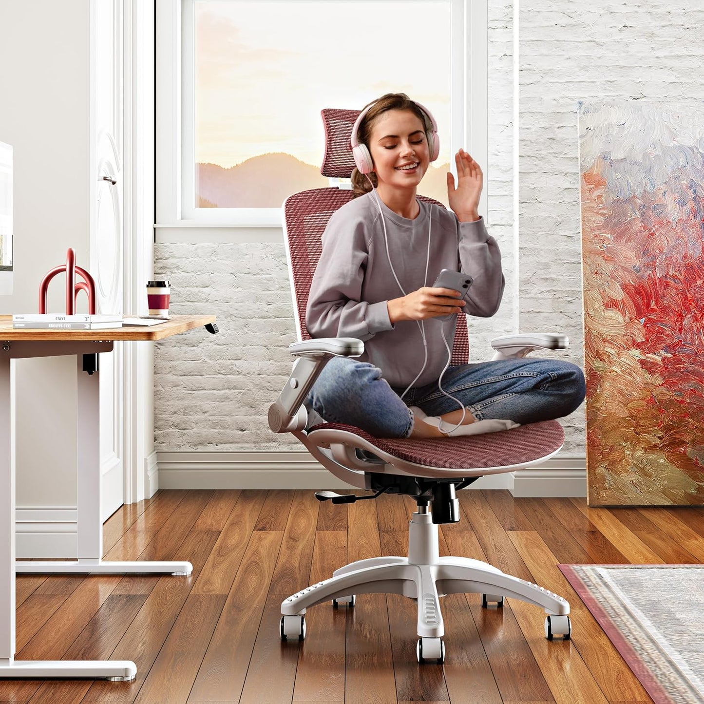 GABRYLLY Ergonomic Office Chair, High Back Home Desk Chair with Headrest, Flip-Up Arms, 90-120° Tilt Lock and Wide Cushion, 400LBS Mesh Chairs for Man Woman, White Task Chair(Red,GY01WR)