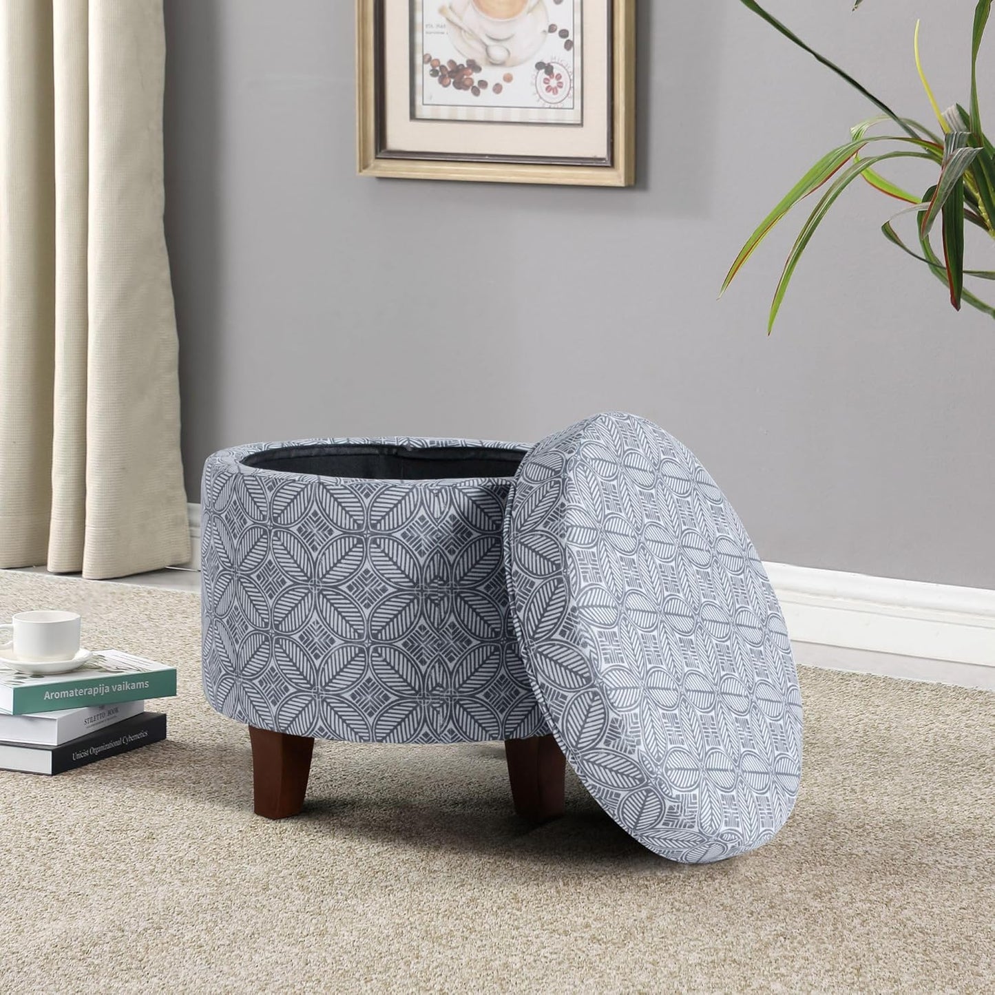 HomePop Upholstered Round Storage Ottoman|Homepop Home Décor|Upholstered Round Foot Rest Ottoman -Blue Indigo Print