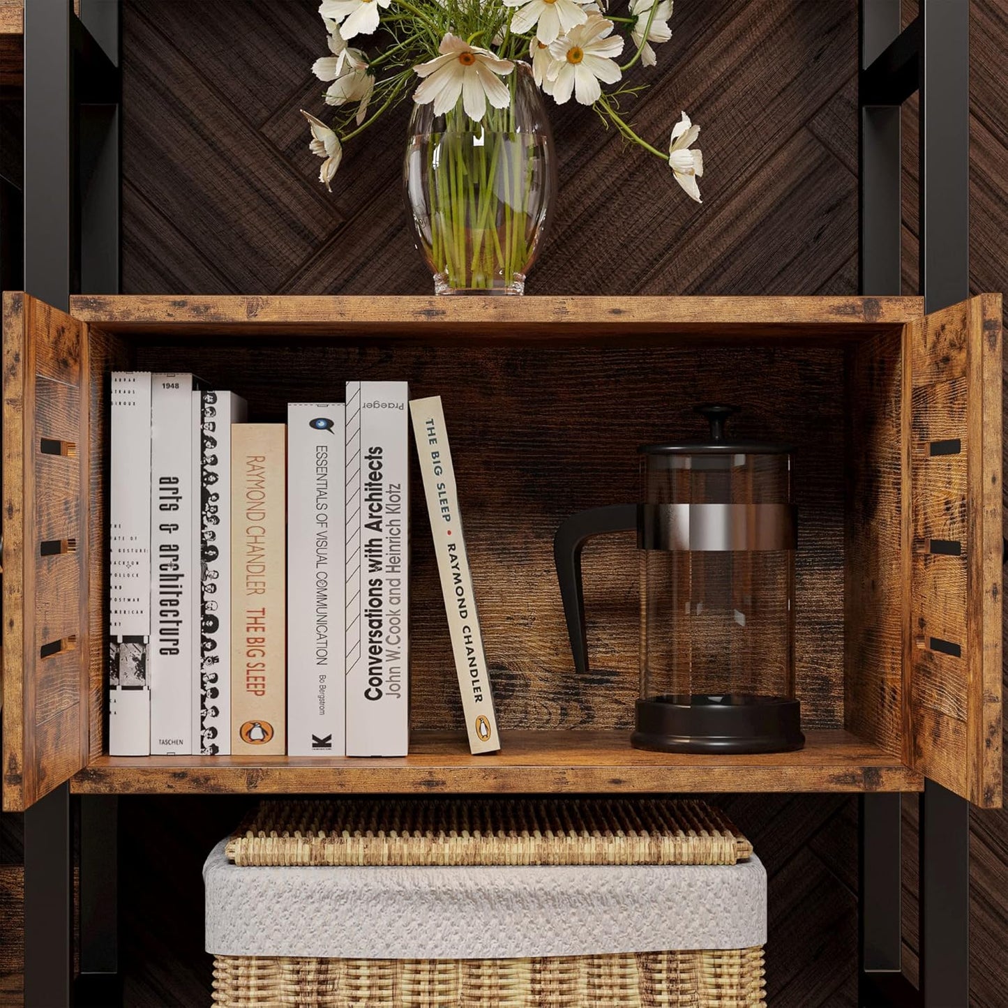 IRONCK Industrial Bookshelf and Bookcase with 2 Louvered Doors 5 Tiers Triple Wide Display Shelf with Storage Cabinet for Living Room Home Office