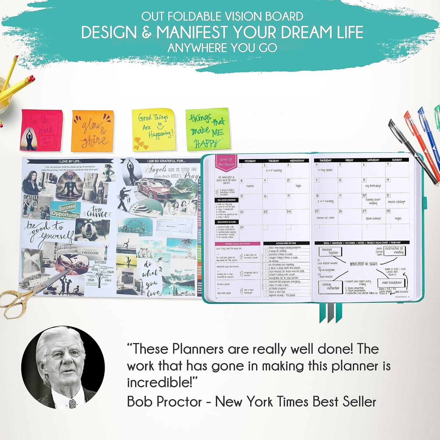 Hourly Planner – Undated Weekly & Monthly Goal Setting Planner, 12-Month to Increase Productivity | Life & Gratitude Journal, Include Foldable Vision Board, Gift Box & Stickers