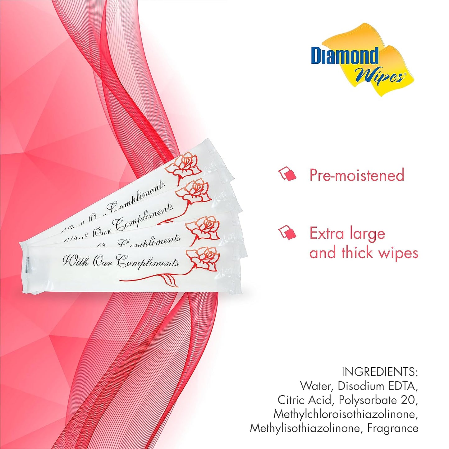 Diamond Wipes Pre-moistened Hand Wipes - “With Our Compliments” Logo 10x8” Extra Thick Lemon-Scented Pack of 250 Individually Wrapped Wet Wipes