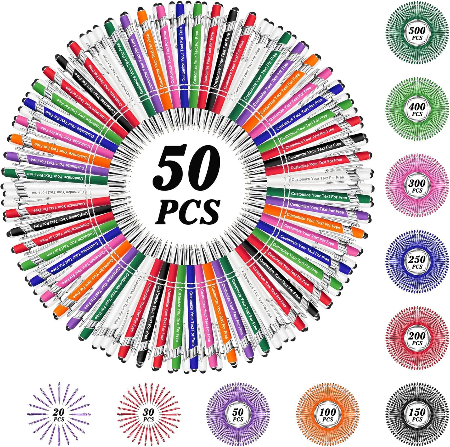 Max 500 Pcs Personalized Pens Bulk, Custom Pens with Free Engraving, Customized Stylus Tip Ballpoint Pen with Your Name Massage Text for School Office Business Graduation Anniversaries-50 Packs