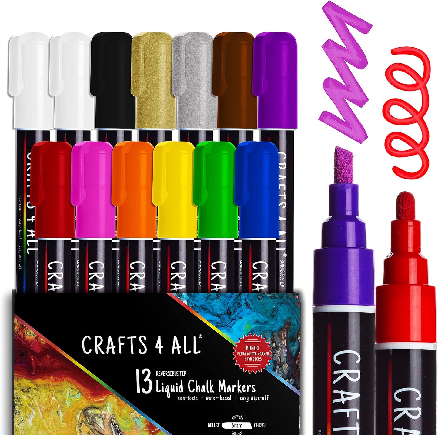 Crafts 4 All Liquid Chalk Markers For Blackboard Signs, Bistro Menu, Car Window Glass - Dry Erase, Washable - 13 Colored Chalk Pens w/Reversible Tips & Tweezers - Bonus White Chalkboard Marker!