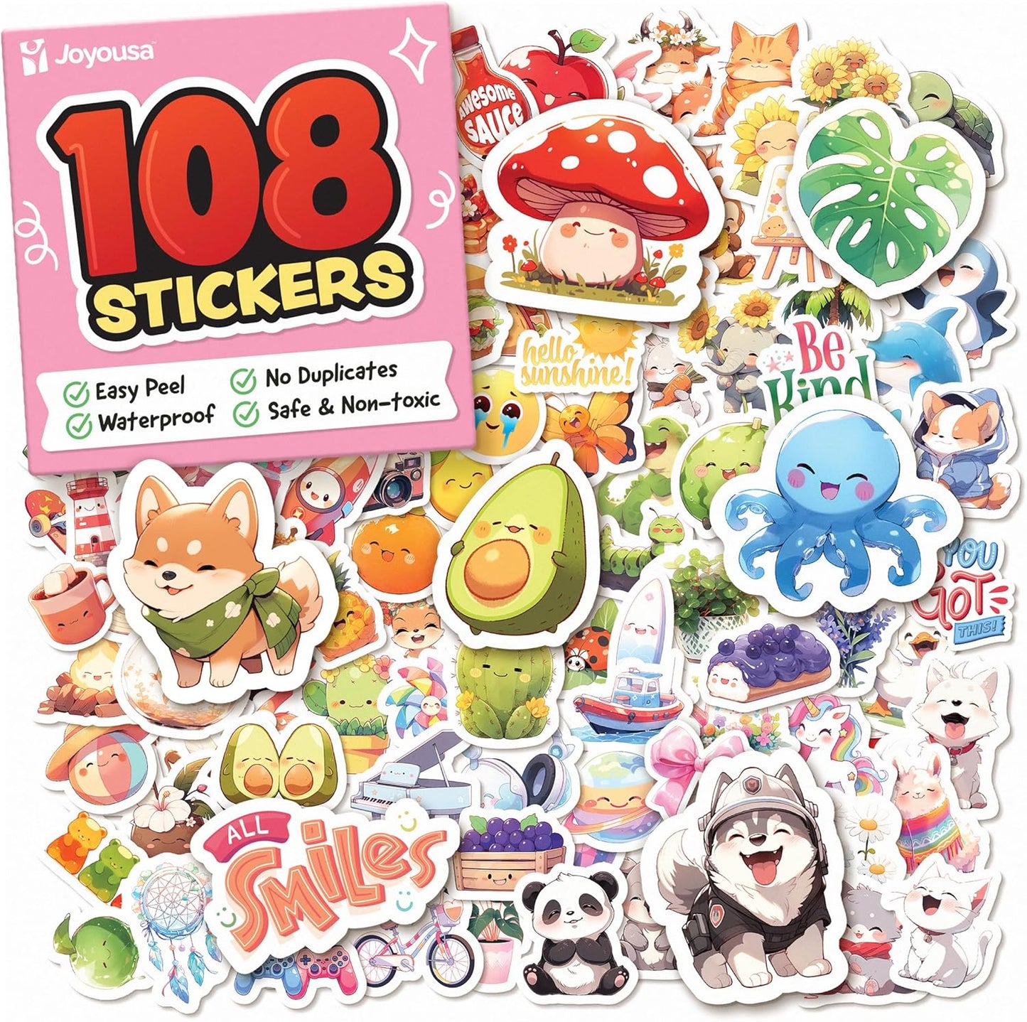 Cute Stickers for Kids - Kawaii Stickers for Kids Classroom Decor, Water Bottle & Teacher Rewards - 108pc Easy Peel Bulk Pack for Teens - Waterproof Vinyl Decals - Scrapbooking, Journaling, Notebook