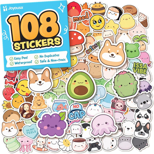 Cute Stickers for Kids - Kawaii Stickers for Kids Classroom Decor, Water Bottle & Teacher Rewards - 108pc Easy Peel Bulk Pack for Teens - Waterproof Vinyl Decals - Scrapbooking, Journaling, Notebook