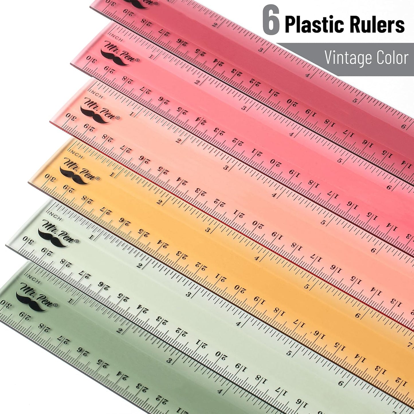 Mr. Pen- Ruler, 12 inch Ruler, 6 Pack, Vintage Colors, Clear Rulers 12 Inch, Rulers for School, Back to School Supplies