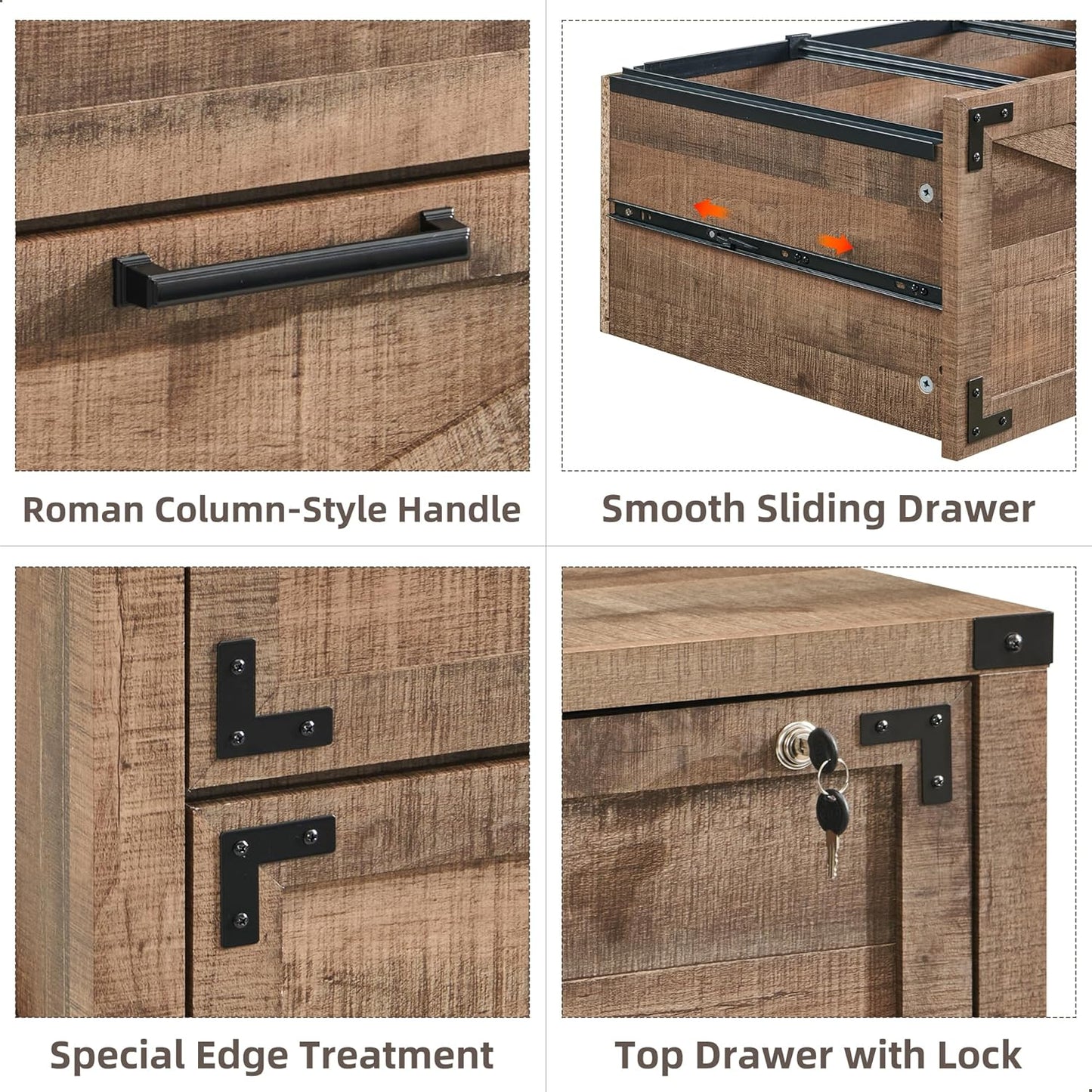 JXQTLINGMU 2 Drawer Farmhouse File Cabinet, Lateral Filing Cabinet with Lock for Home Office, Compatible Legal Letter A4 F4 Size, Warm Brown