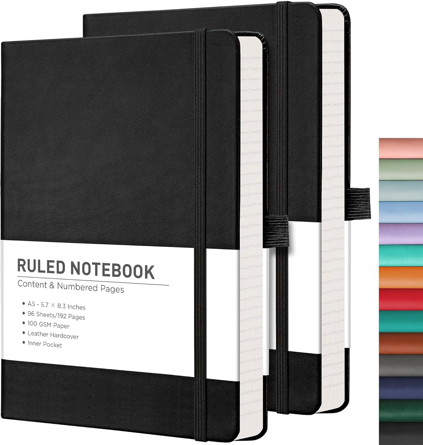 RETTACY Lined Journal Notebook, 2-Pack, 192 Numbered Pages per Pack, A5 Medium Size (5.7'' x 8.3''), for Men & Women, Writing, Work, Leather Hardcover, 100 GSM Thick Paper (Black & Black)