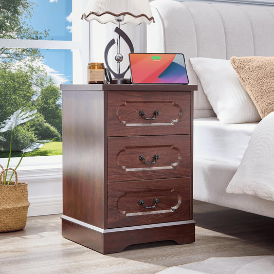 LIDYUK 3 Drawer Dresser for Bedroom Farmhouse Cherry Wood Chest of Drawers Bedroom Dresser with Charging Station, Rustic Small Drawers Dressers Nightstand Wooden Closet Storage Cabinet, Living Room