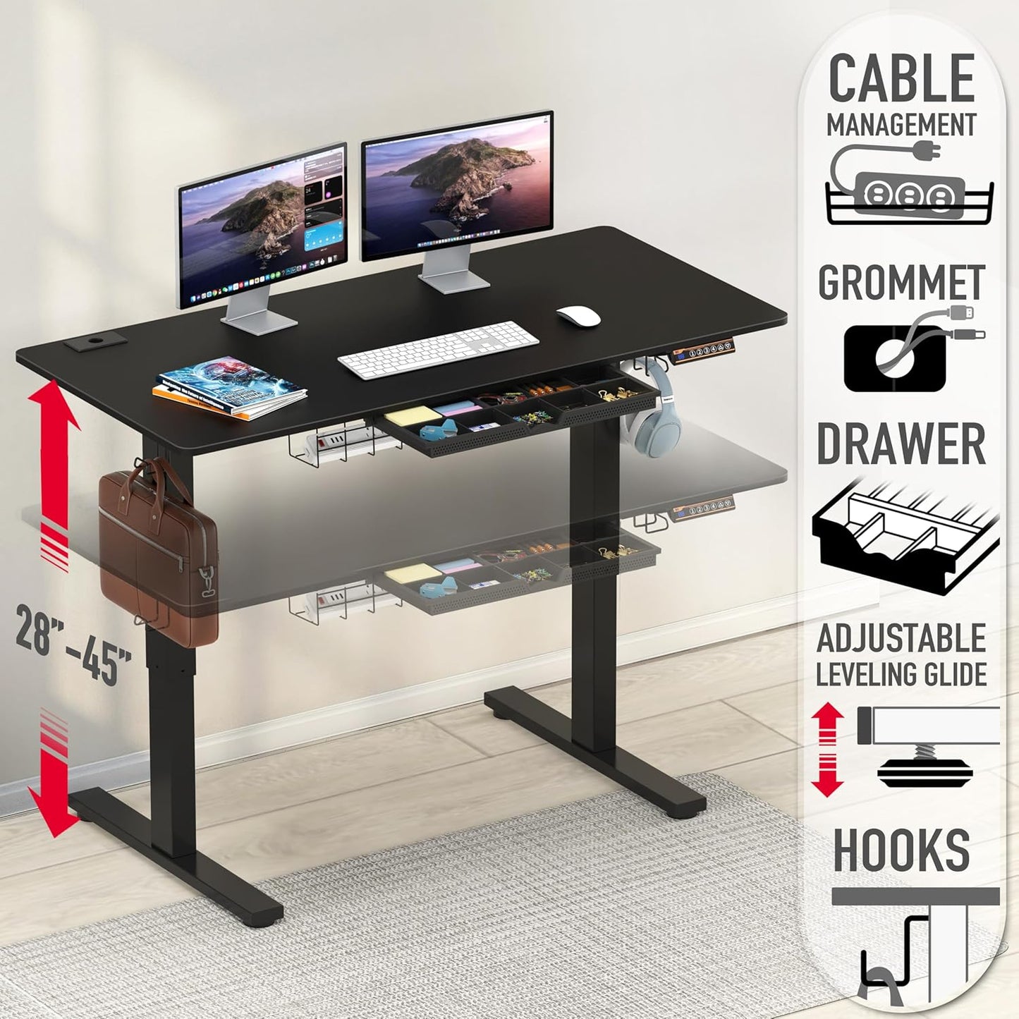 SHW 48-Inch Electric Height Adjustable Standing Desk with Drawer, Memory Preset and Cable Management Tray, Black