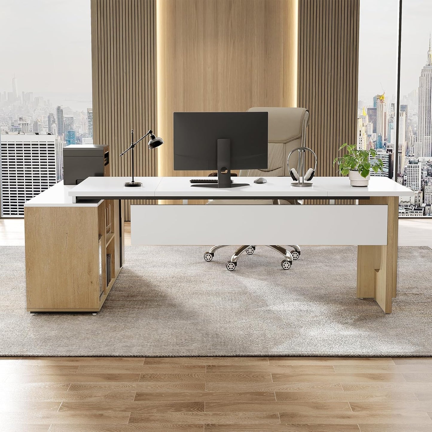 LITTLE TREE 74-Inch Executive L-Shaped Desk with Storage Cabinet & Shelves, Large Home Office Computer Desk, Modern Business Workstation for Professionals (Oak & White)