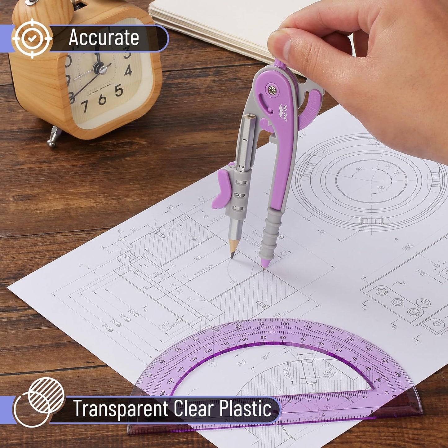Mr. Pen- Compass and Protractor Set, Purple, Compass Geometry Tool, Protractor and Compass Set, Compass Drawing Tool, Drawing Compass, Protractor Set, Geometry Compass, Back to School Supplies